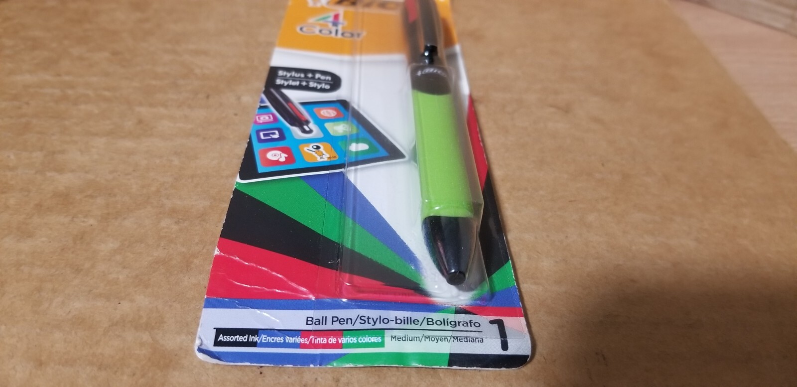 BIC 4 Color Stylus + Ball Pen Grip Medium Point Black Red Green Blue, New sealed