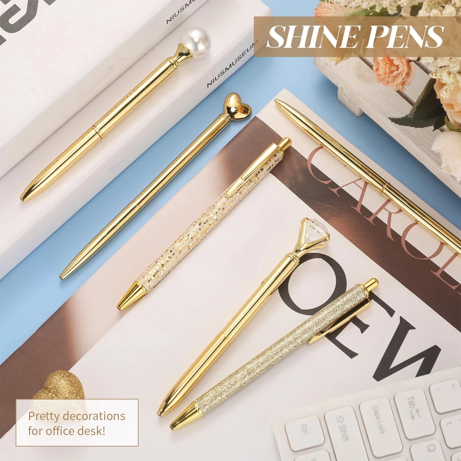 Qeeenar 6 Pcs Ballpoint Pens Set Metal Crystal Diamond Pen for Journaling Glitte