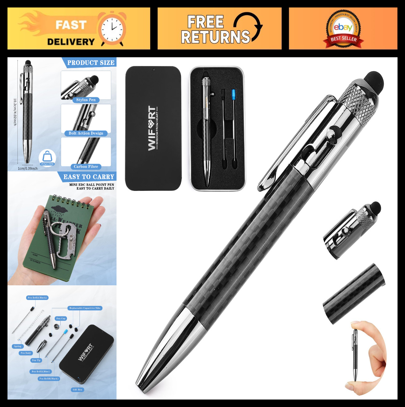 Multifunctional Mini Stylus Ballpoint Pen – Carbon Fiber EDC, Replaceable Ink, 4
