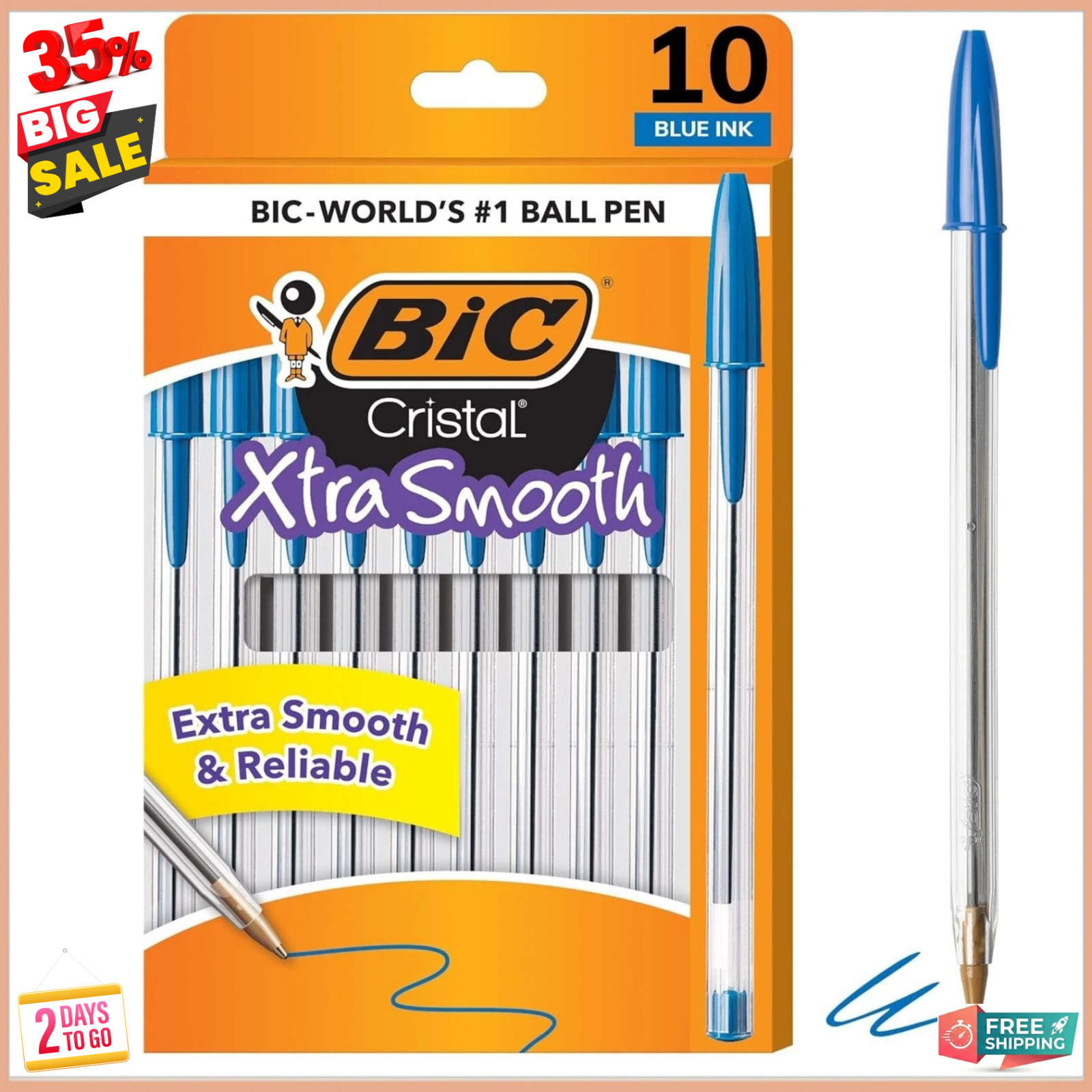 Pack of 10 Ballpoint Pen – Blue Ink Ball Point Pens for Office Writing School