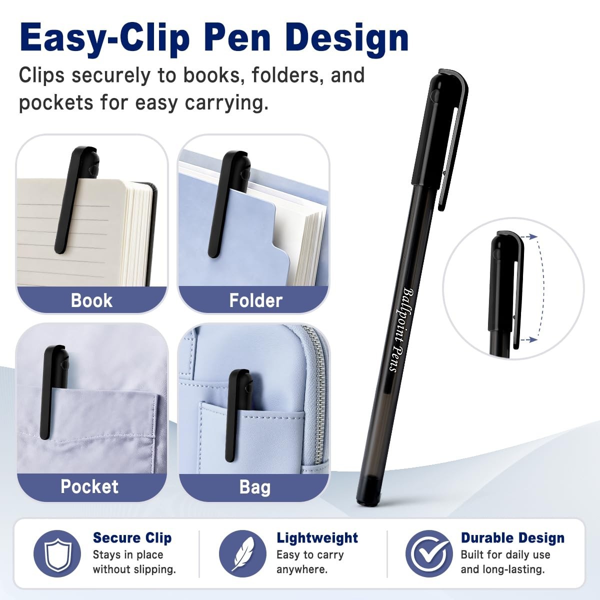 300 Black Ballpoint Pens 1.0mm Medium Point, Quick-Dry Ink, Capped with Clips