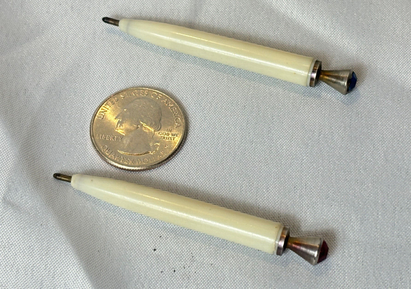 Vtg Mini Pens Novelty Purse Ballpoint Celluloid Faux Red & Blue Rhinestone Ends