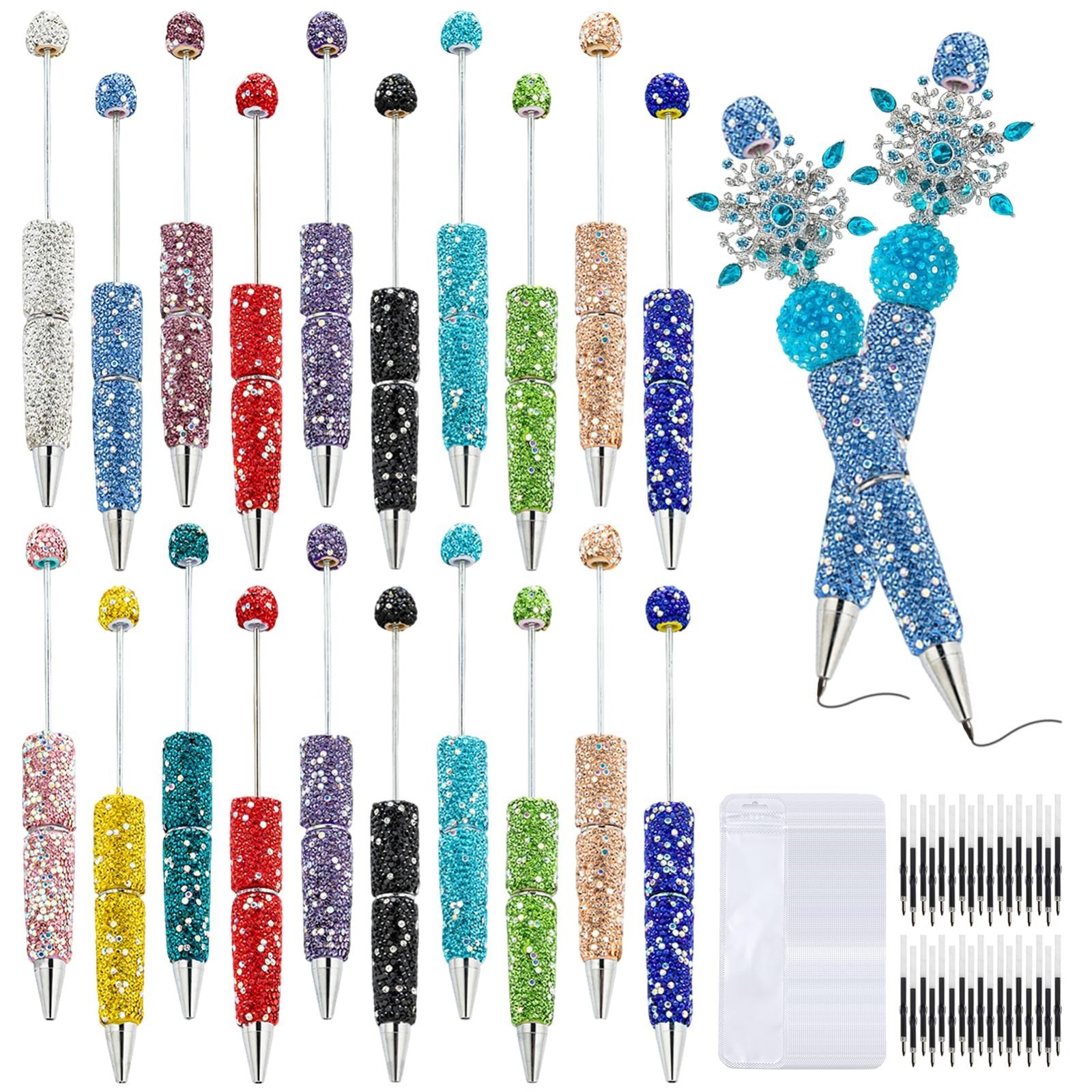 60 Pcs Beaded Pens Set with Refills & Bags – DIY Craft Supplies for School & Off