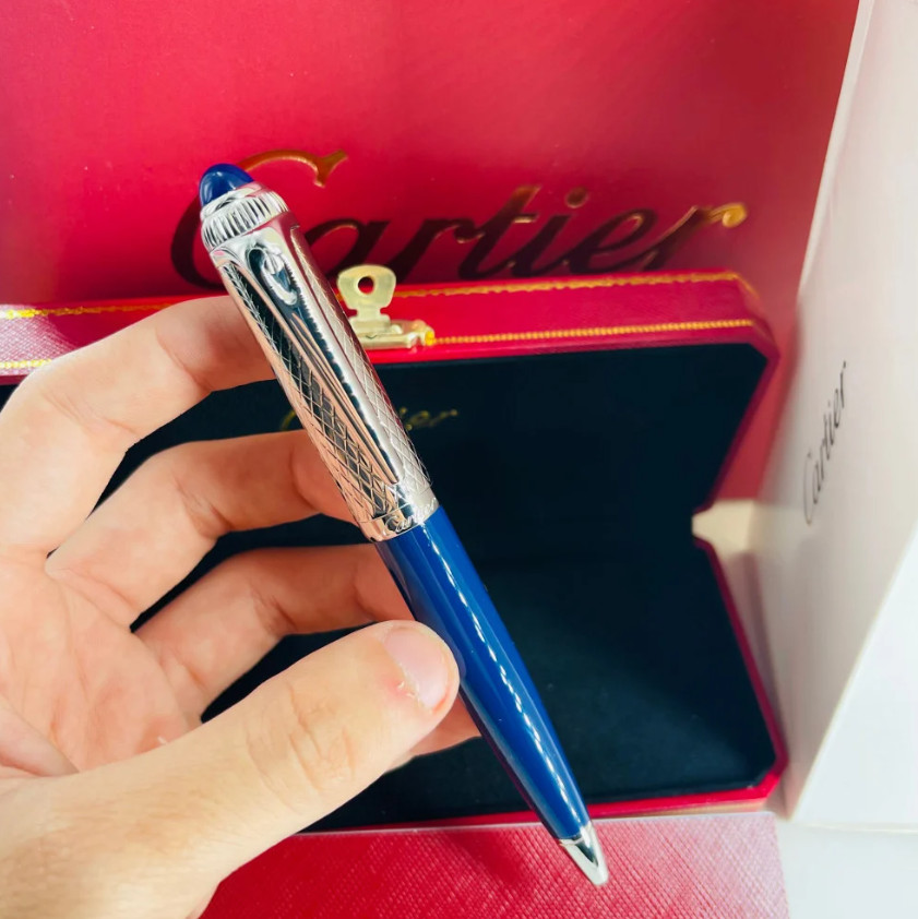 Cartier Luxury Guilloche Iced Blue Lacquer Ballpoint Pen NIB Gift Collectible