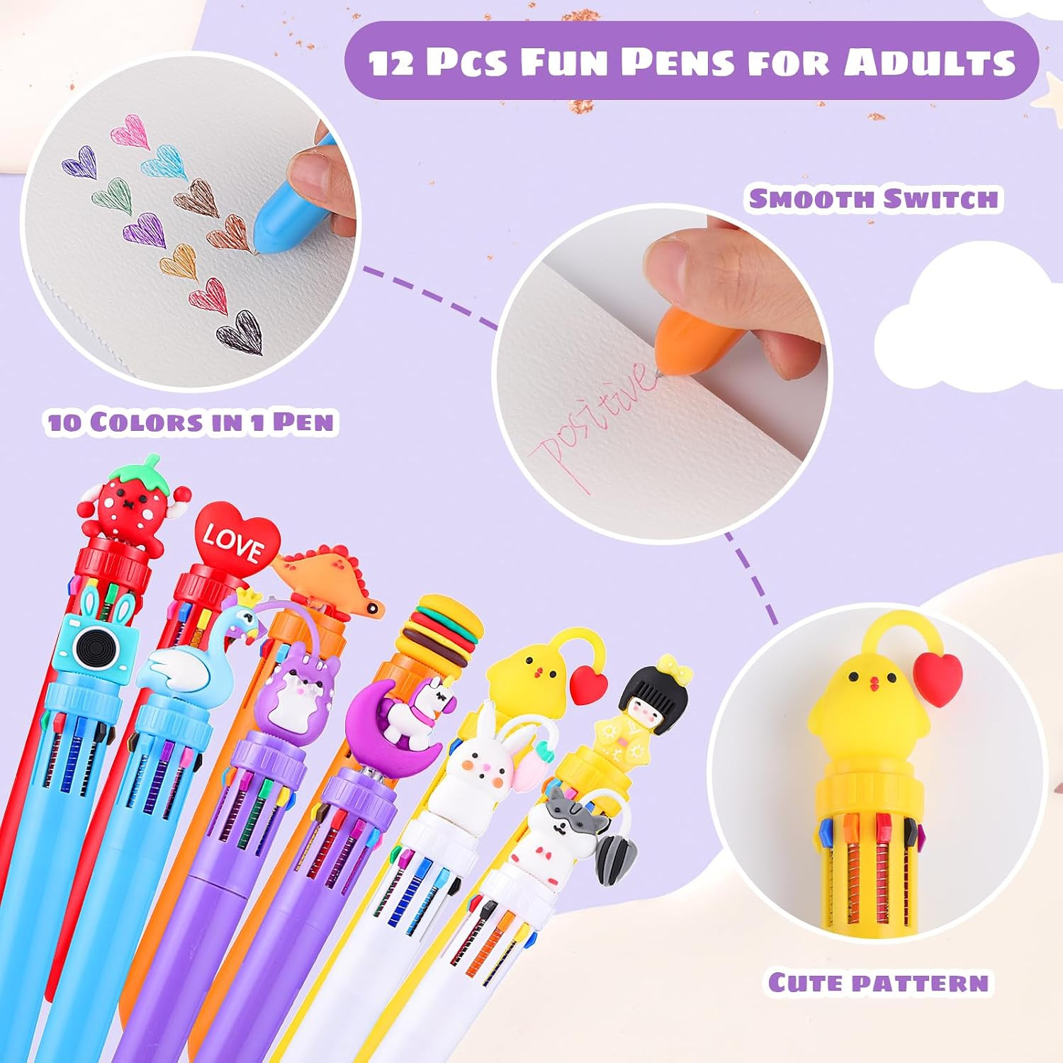 BESARME 12 Pcs Fun Pens for Kids, 10-in-1 Cute Pen Multicolor Ballpoint Pen Bulk