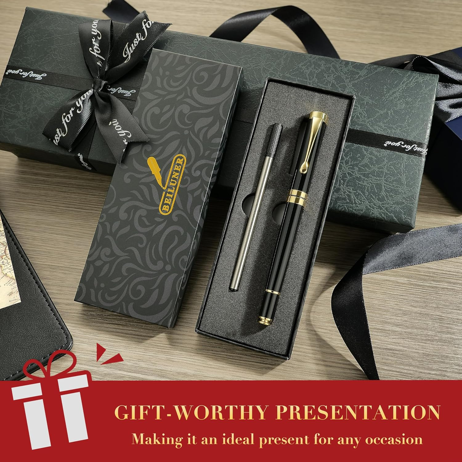 BEILUNER Ballpoint Pens, Stunning Black Chrome Metal Pen with Golden Trim, Best