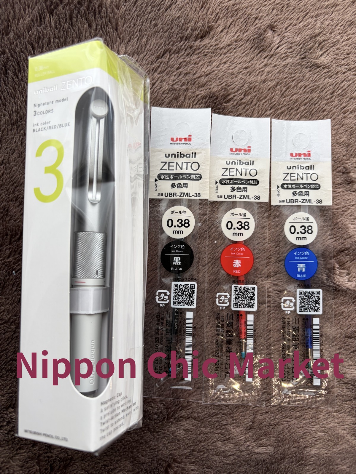 uniball ZENTO Signature 3-Color Ballpoint Pen 0.38mm Silver w/ 3 Refills Japan