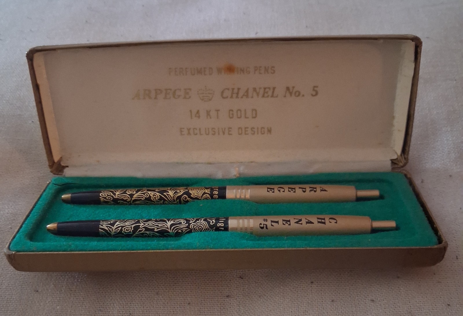 Vintage Chanel No.5 Arpege 14K Gold Filigree Perfumed Ballpoint Pen Set in Box