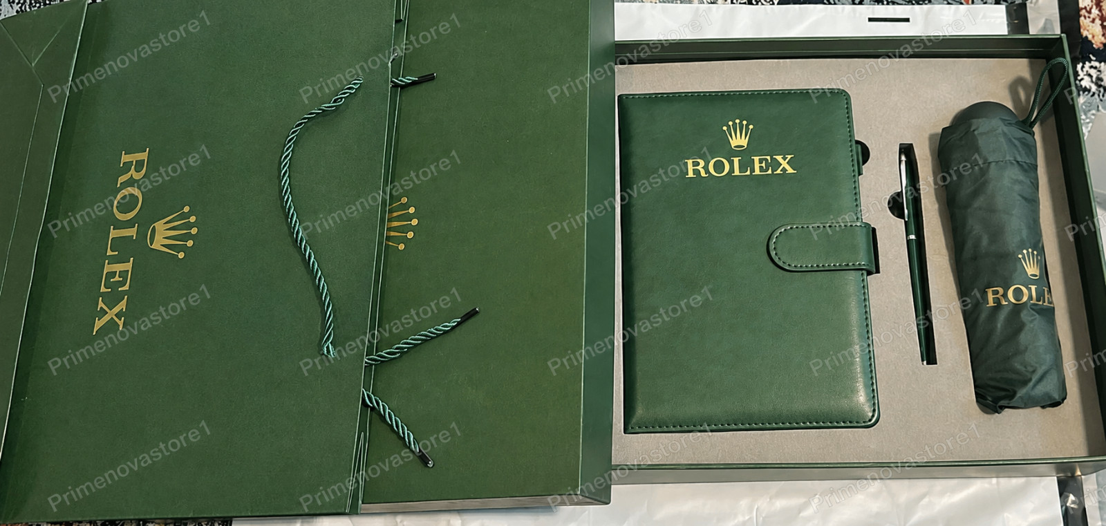 ROLEX Green Gift Set Notebook Ballpoint Pen Folding Umbrella Luxury Gift Box NEW