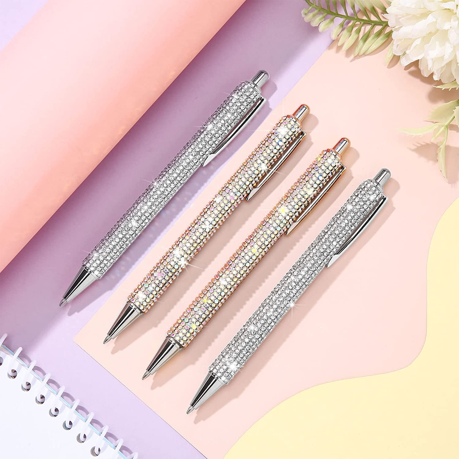 4 Pcs Rhinestone Metal Ballpoint Pens Bling Bling Pens Black Ink Pens Diamond