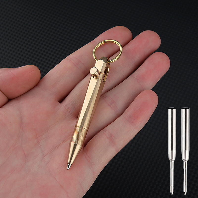 Mini Pocket Brass Bolt Action Ball Pen Outdoor EDC Keychain Tool