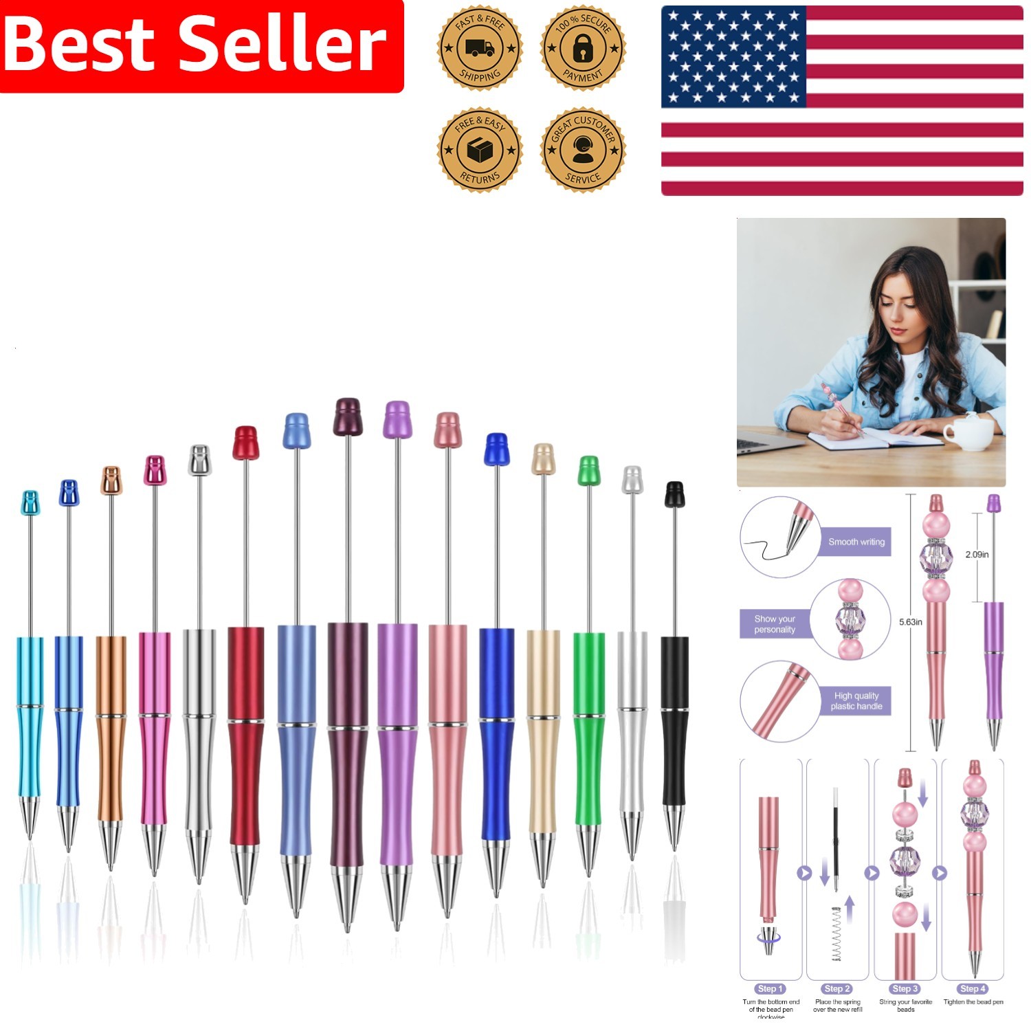 DIY Bead Pens 15 Count, Multicolor Smooth Writing Plastic Ballpoint Crafting Kit