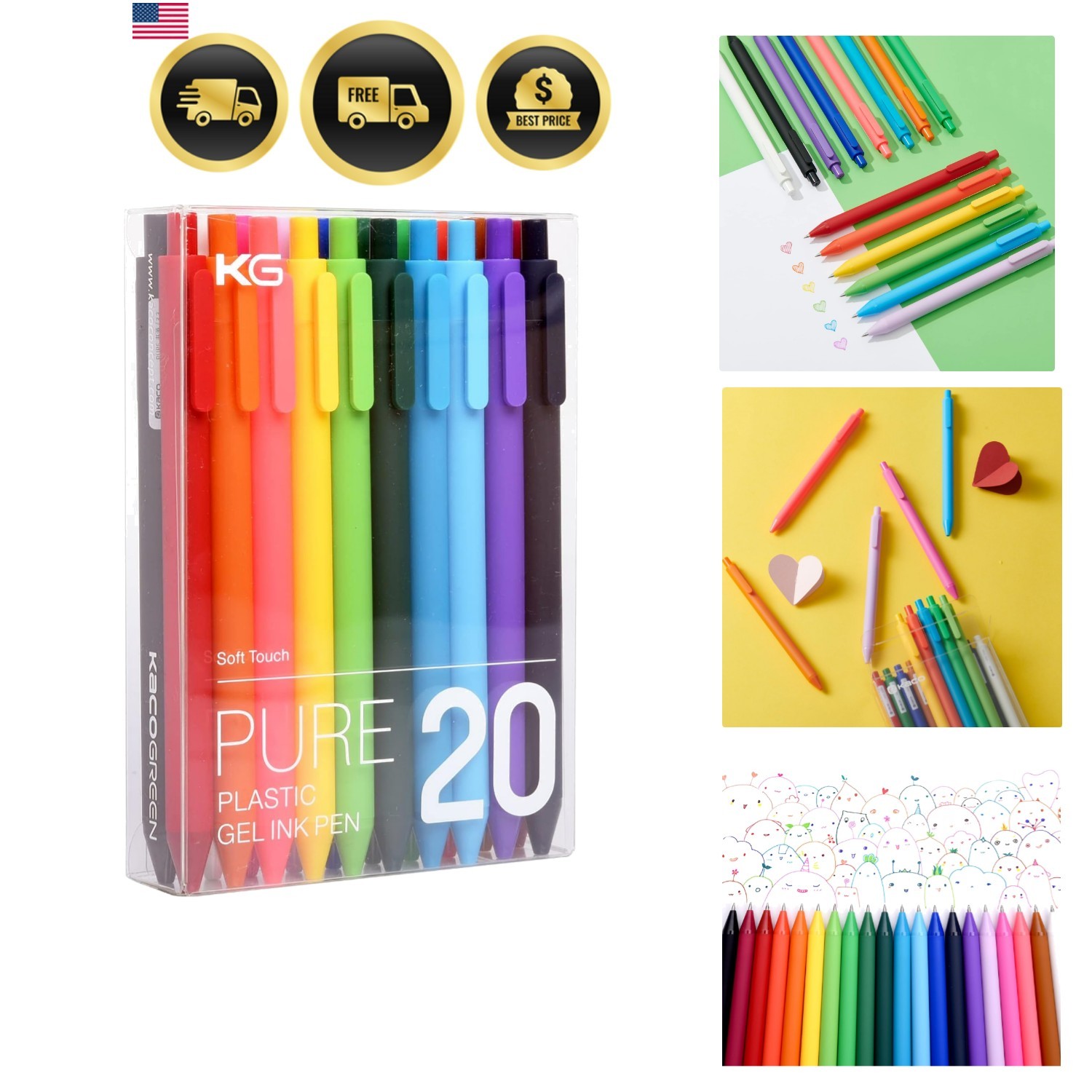 PURE Colored Gel Pens 0.5mm 20 Pieces Set Colorful Multi-color Ink Fine Point…