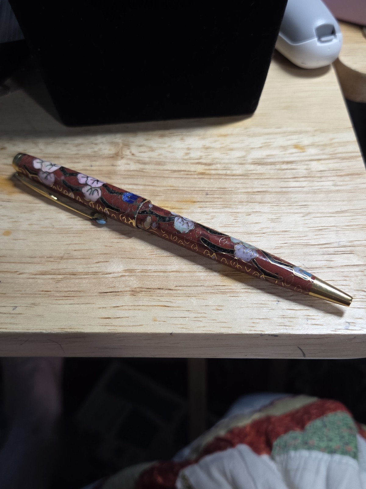 Vintage Late 20th Century Chinese Cloisonne’ Ballpoint Pen Original Brocade Box