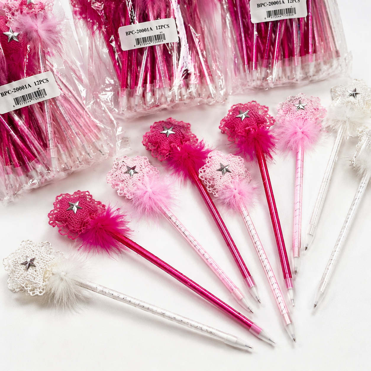 60pcs Wholesale Closeout Lot Sparkly Star Wand Pens Fluffy Feather Princess Bulk