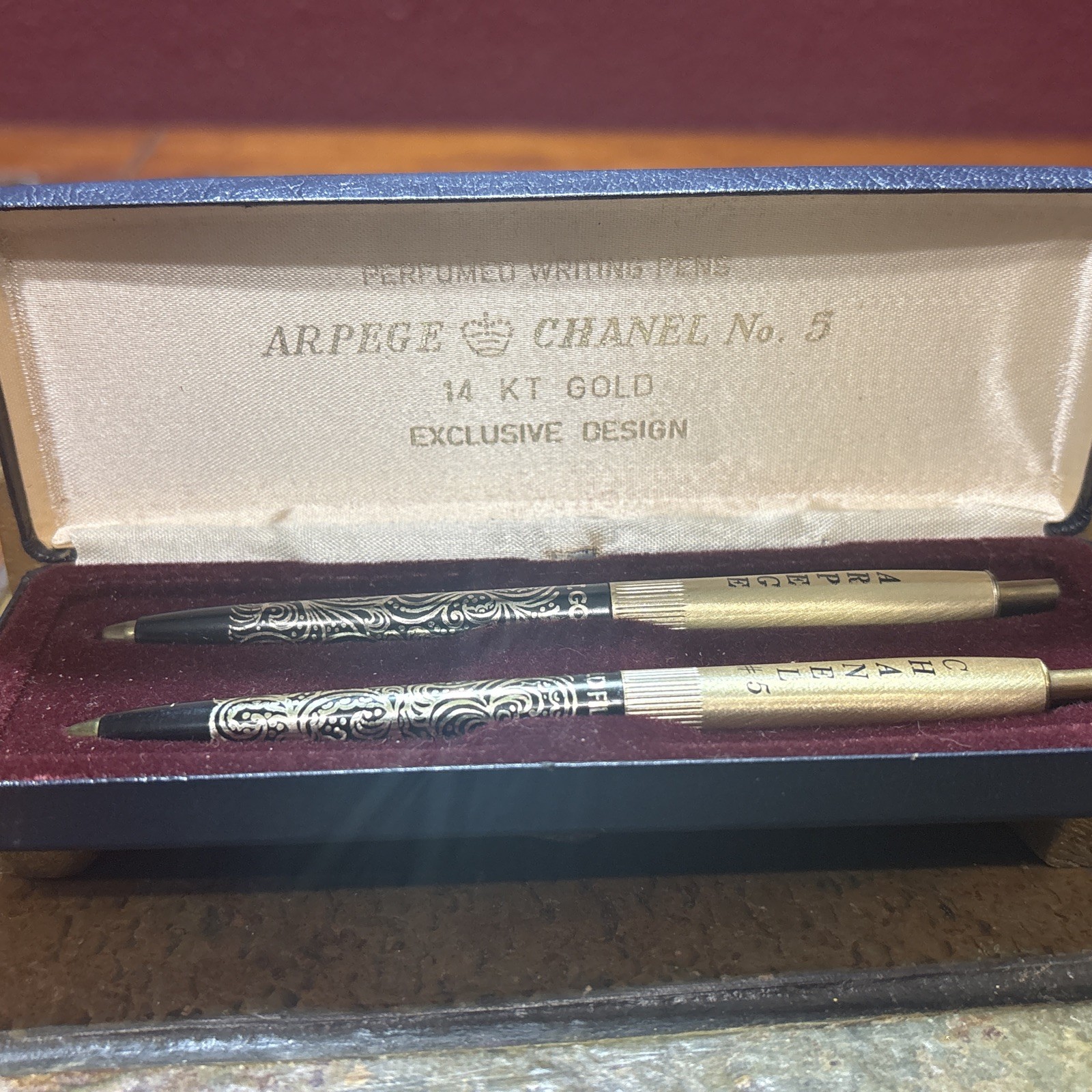Vtg Arpege CHANEL No 5 Ballpoint Pen Set Vintage 14kt Gold Perfume Writing Pens