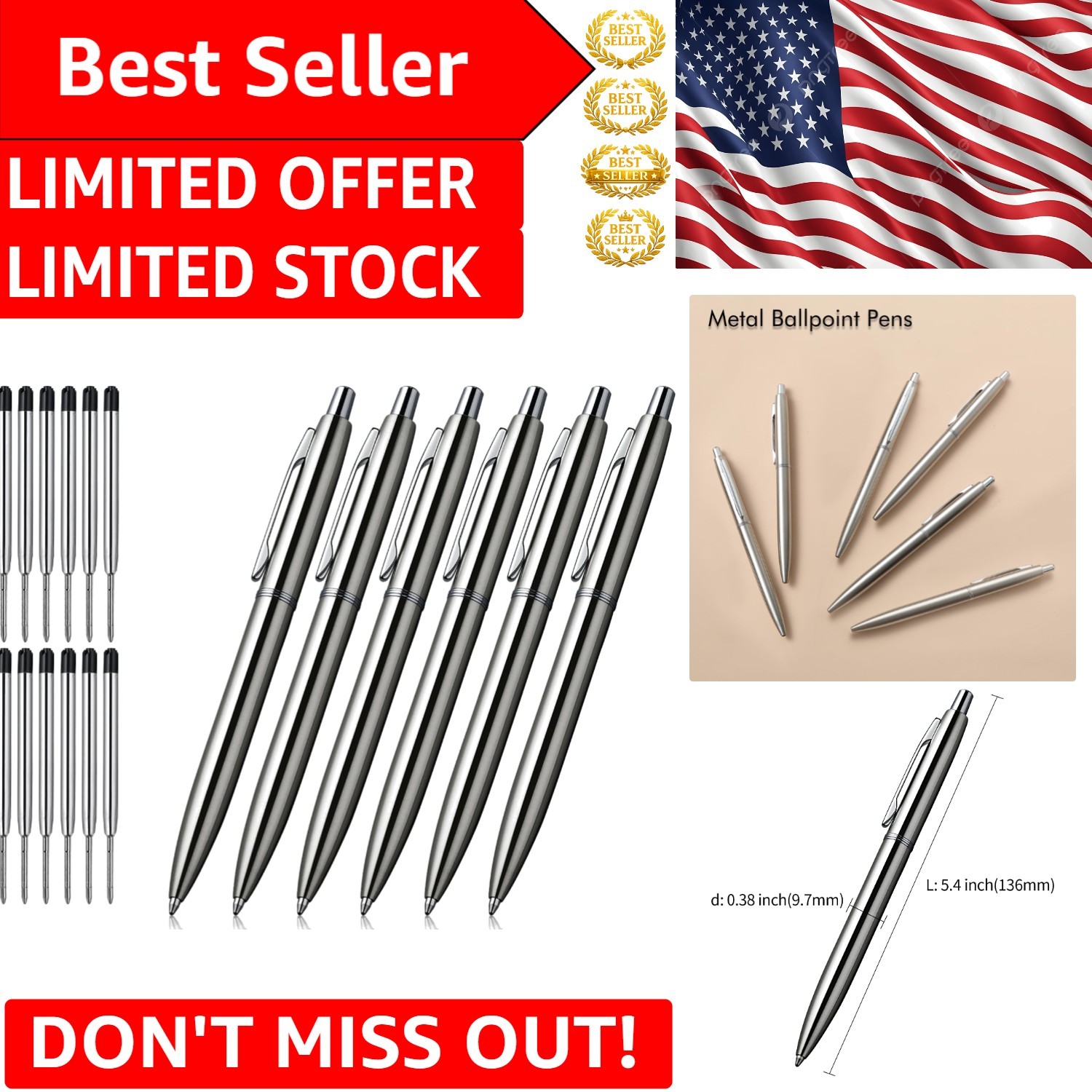 Elegant 6 Pcs Retractable Metal Ballpoint Pens with 12 Replaceable Refills