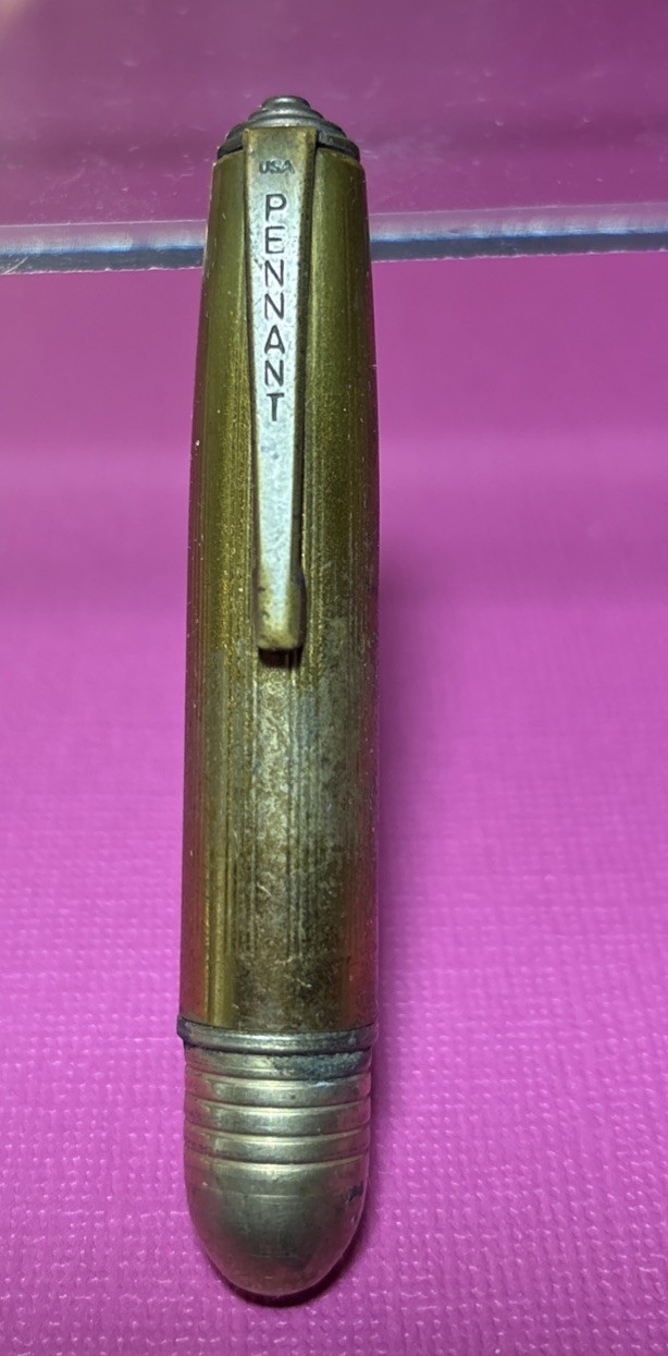 Vintage Pennant, USA, Bullet Ballpoint Pen, Blue Ink, Brass Plated Clip, 3 In.