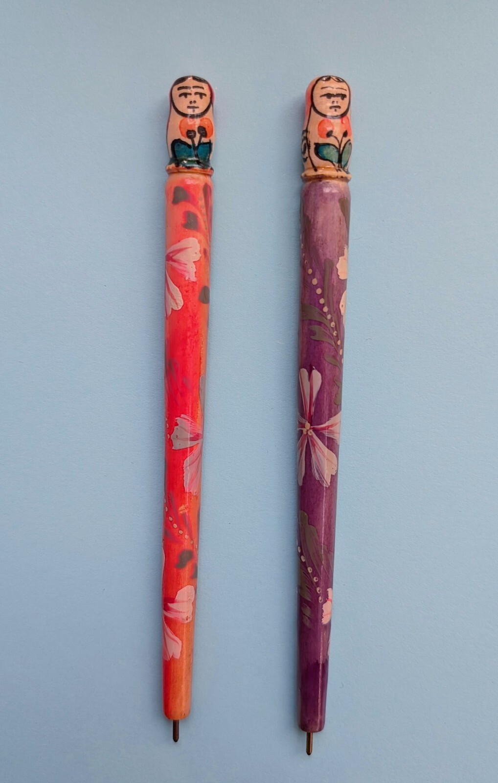 VTG Soviet Stationery Ballpoint Pens HandPainted Wooden Matryoshka Doll 80s USSR