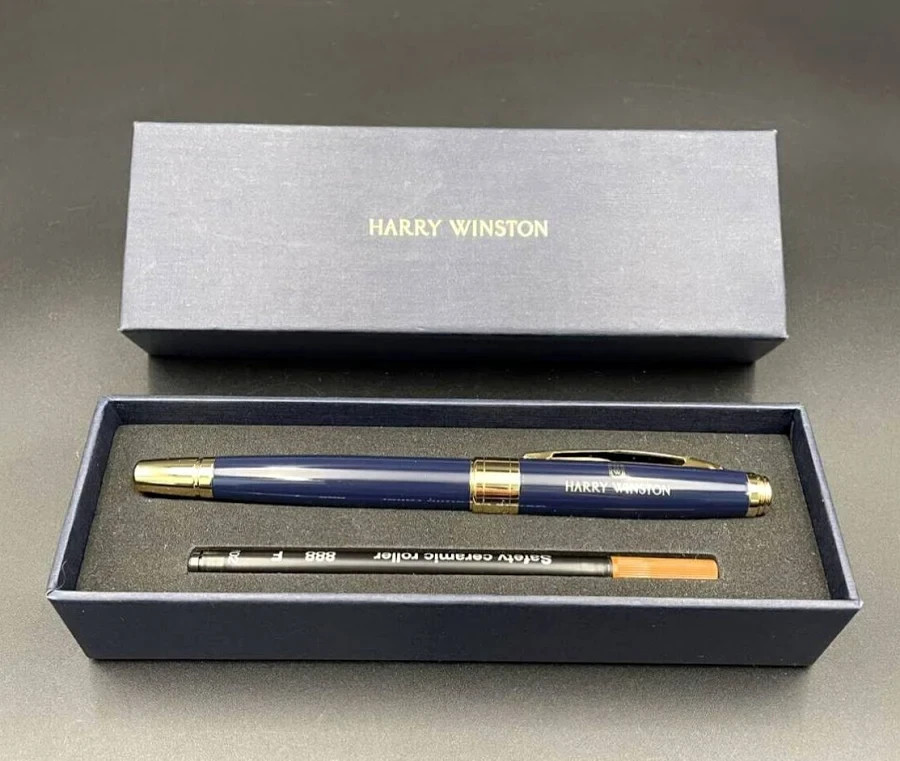 [N-MINT wz/Box&Refill] HARRY WINSTON Novelty Navy/Gold Stripe Rollerball Pen