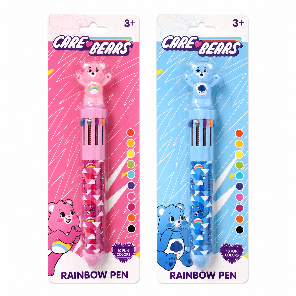 Care Bears Rainbow Pen Set of 2 Pink and blue 10- Colors Multicolor Pens New