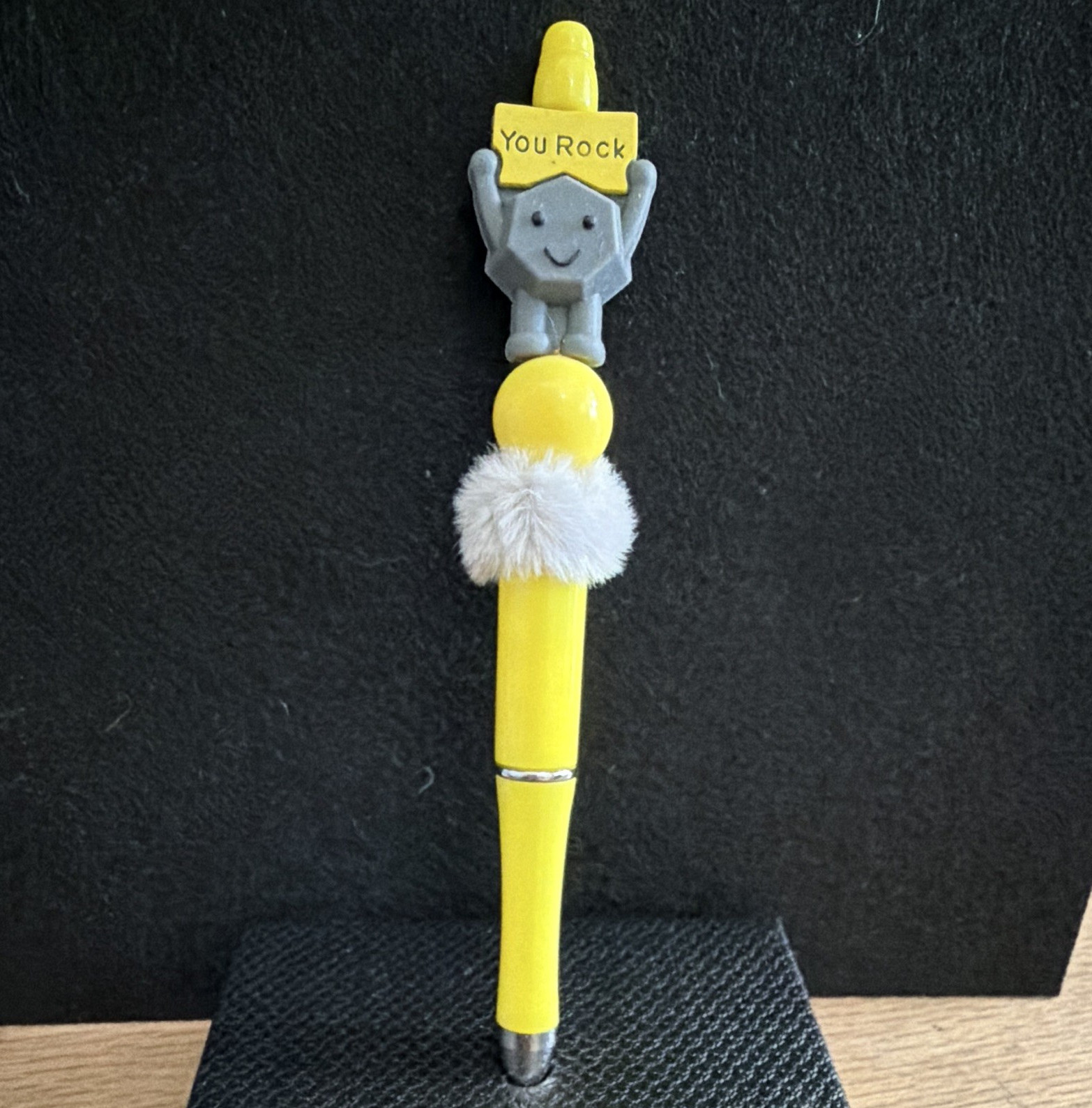 Yellow Novelty Ballpoint Pen w/ «You Rock» Figure Topper, Plastic, Black Ink