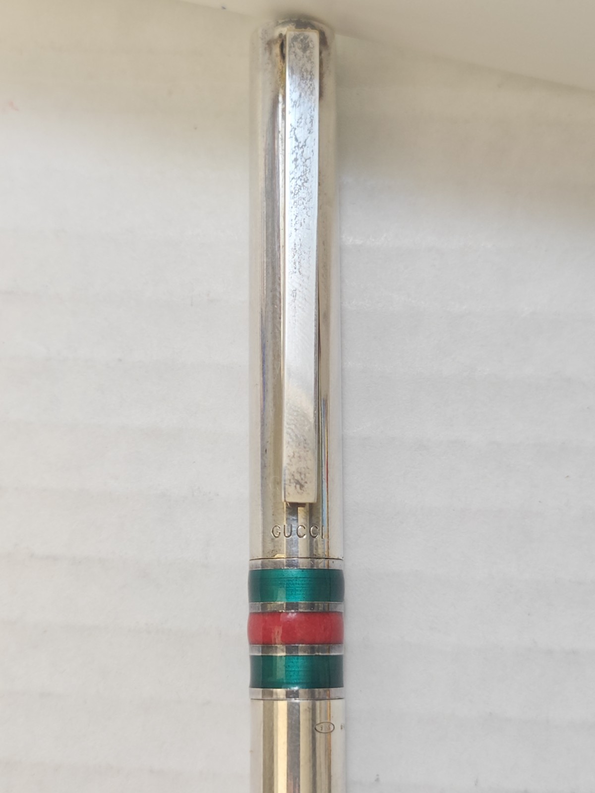 Vintage 1970’s Gucci Sterling Silver Red Green Enamel Stripes Pen W/ Box Italy