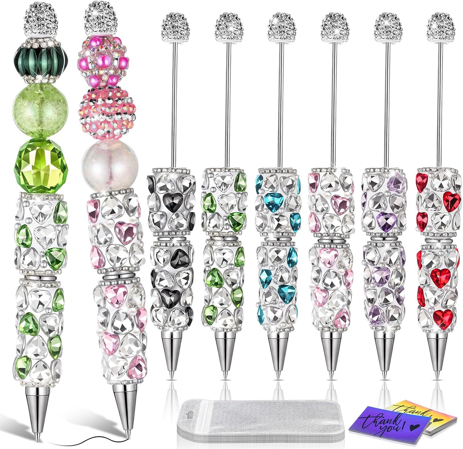 6 Pcs Full Rhinestones Beadable Pens Glitter Heart Bling Fancy Pen for Beads …