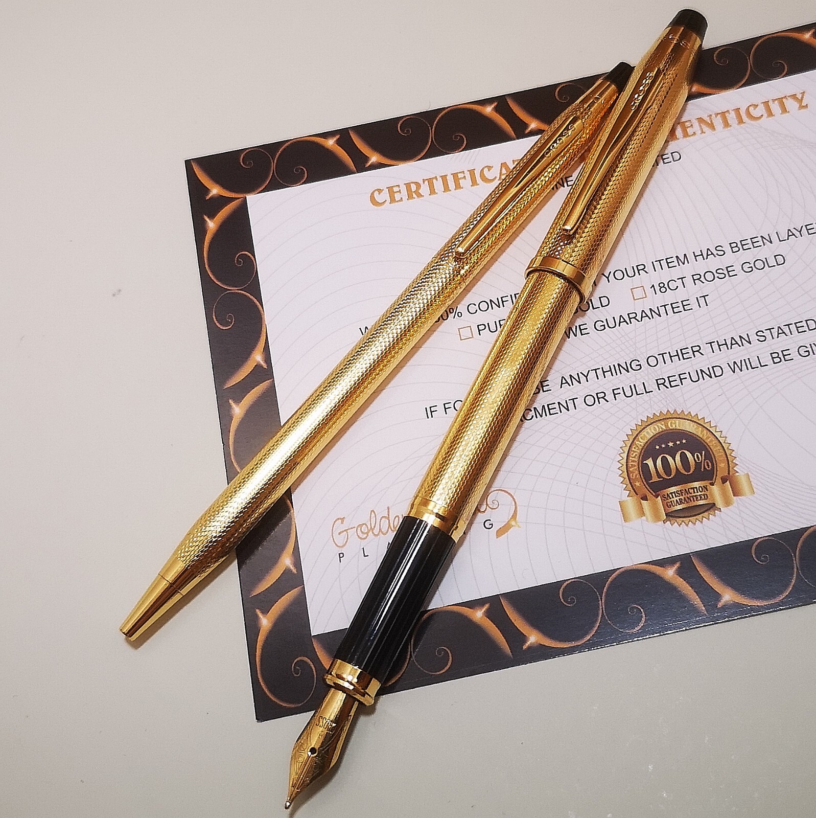Cross Century Fountain Pen Ballpoint Pen Set Medium Nib Boxed 24k Gold Plated