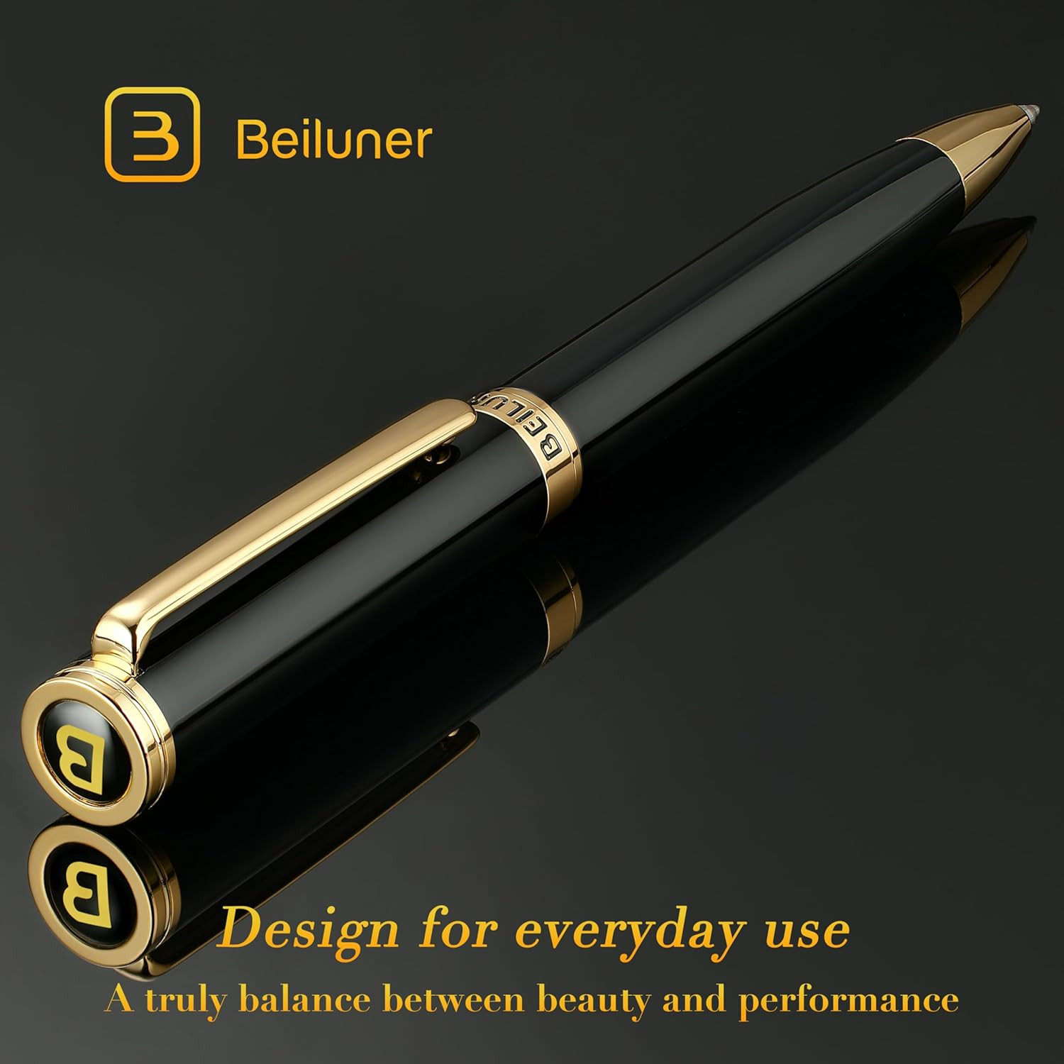 BEILUNER Luxury Gel Pen with 24K Gold Finish, Black Piano Lacquer, Luxury Grade