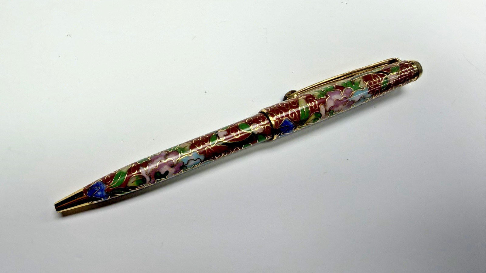 Vintage Chinese Cloisonne Enameled Ball Point Pen in Brocade Box