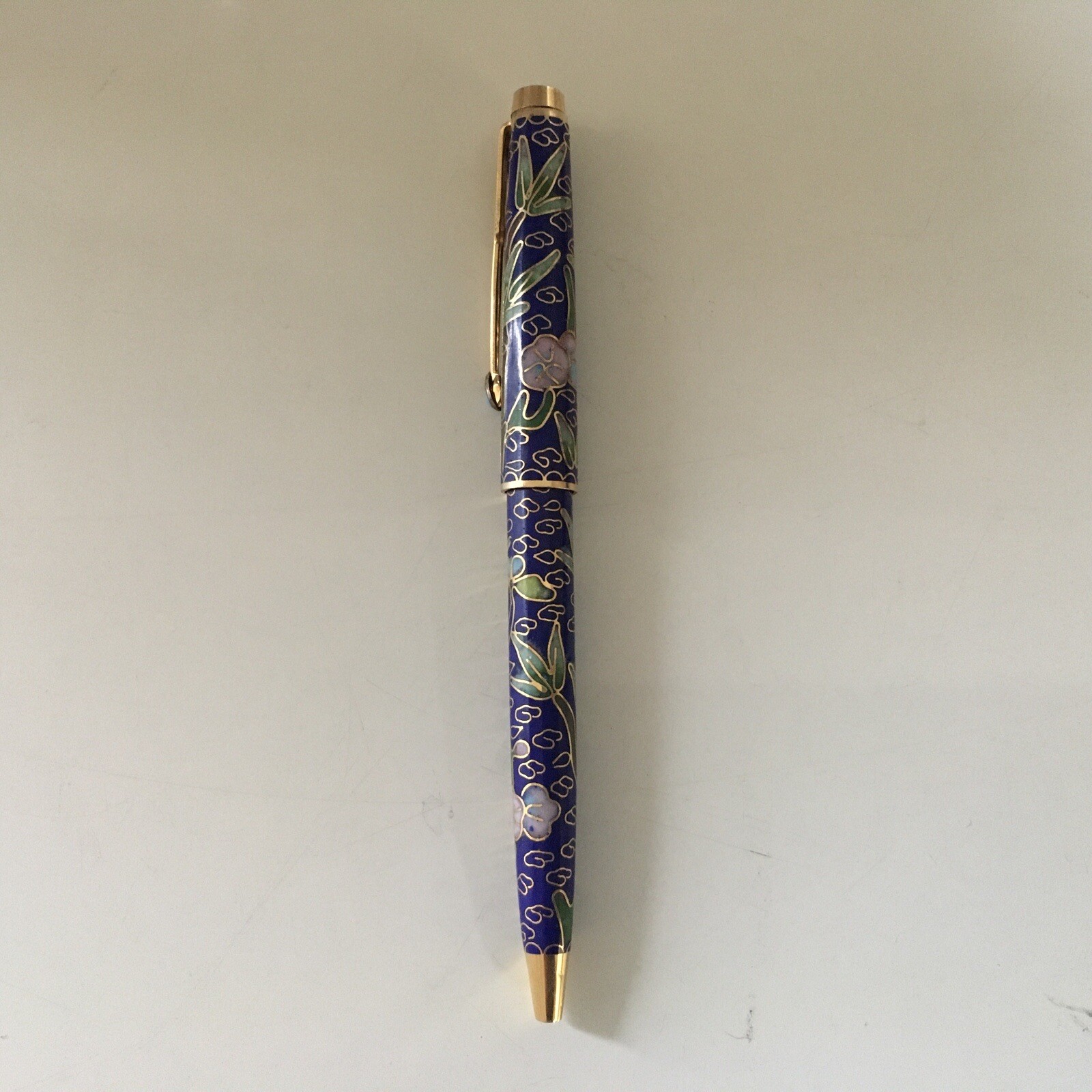 Vintage Chinese Cloisonne Enameled Ball Point Pen in Brocade Box