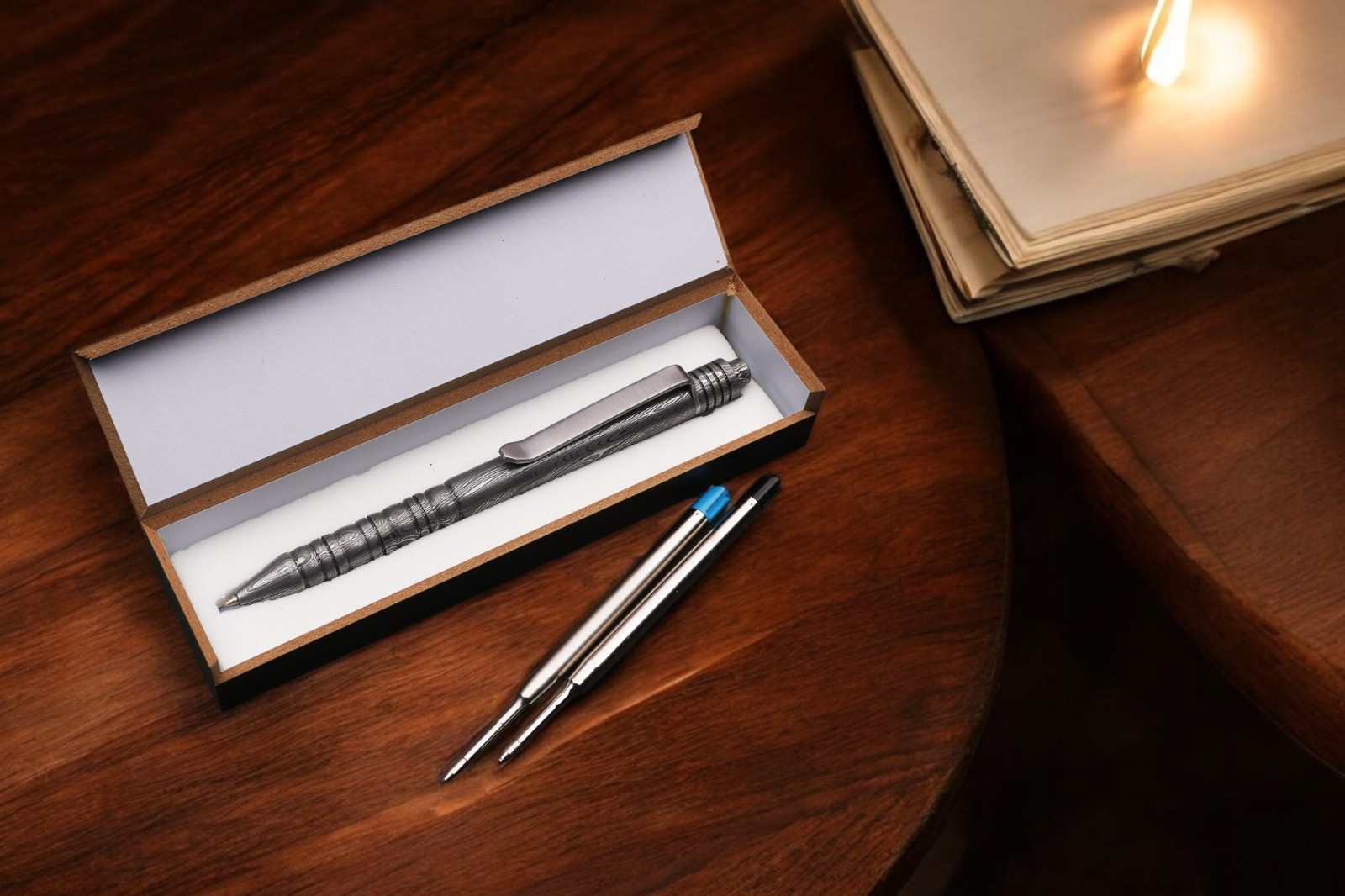 Damascus Steel Metal Ballpoint Pen Silver 137mm 70g Stationary Gift w/Box