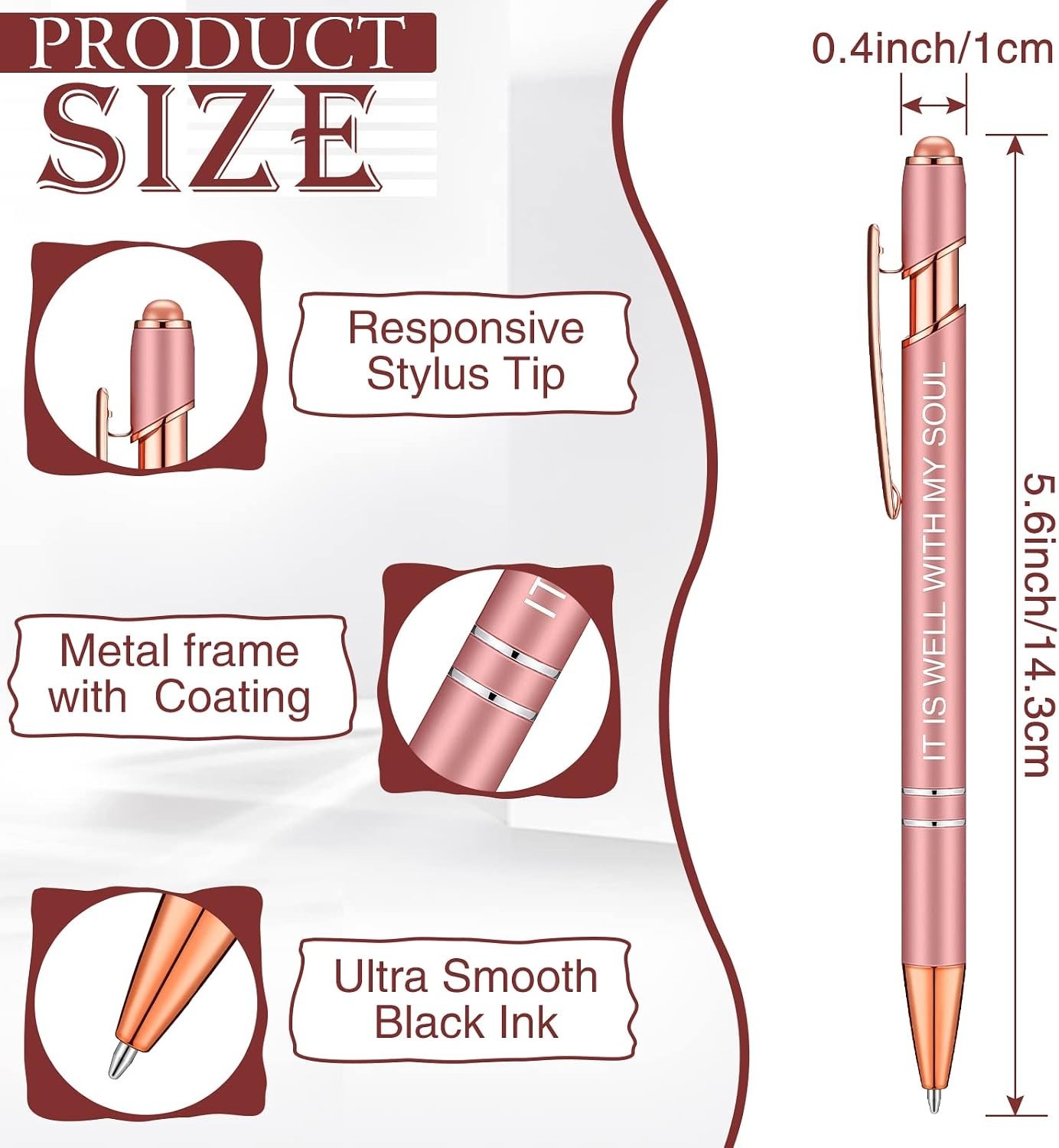 Ergonomic Inspirational Pens – 12 Pcs Black Ink Ballpoint Set with Stylus