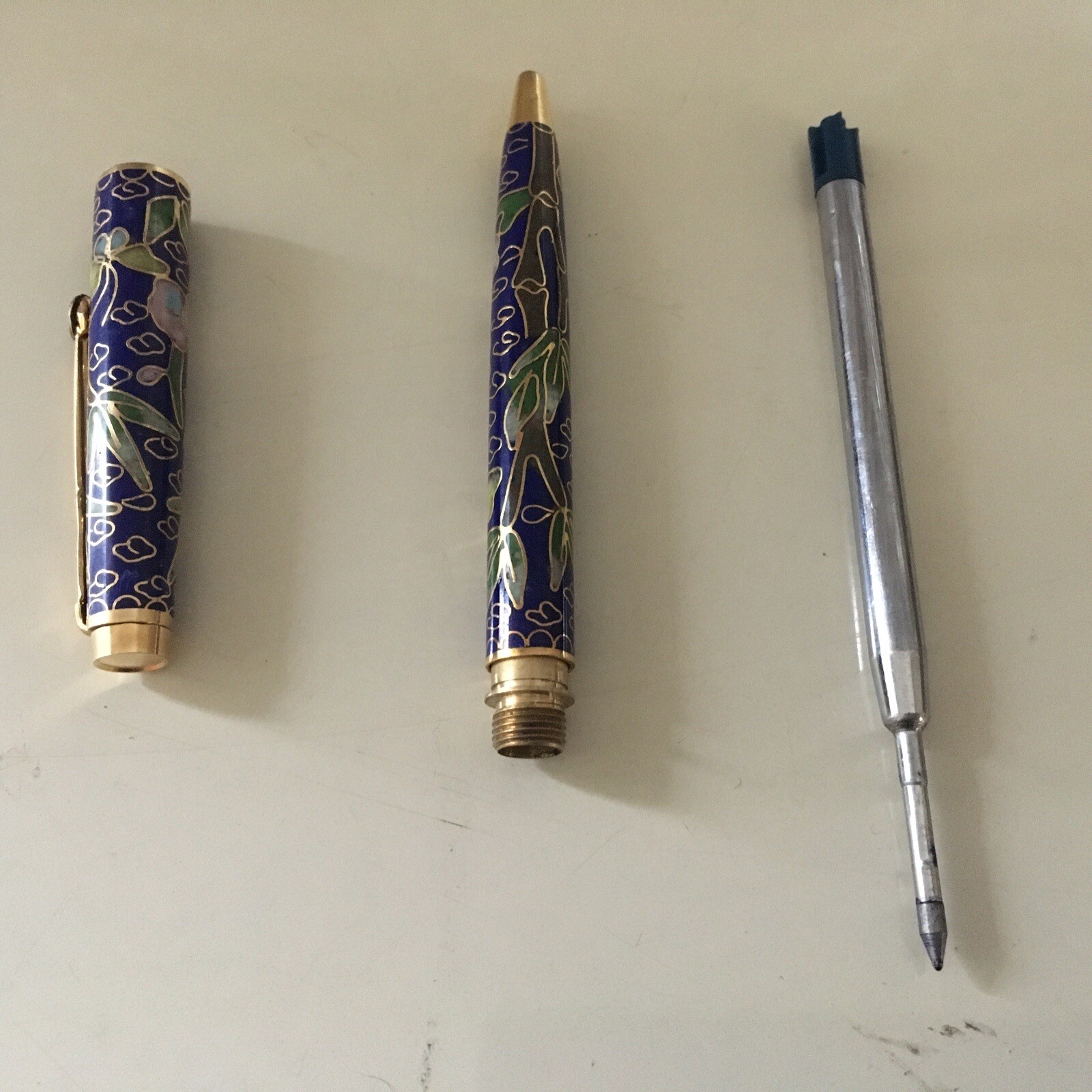 Vintage Chinese Cloisonne Enameled Ball Point Pen in Brocade Box