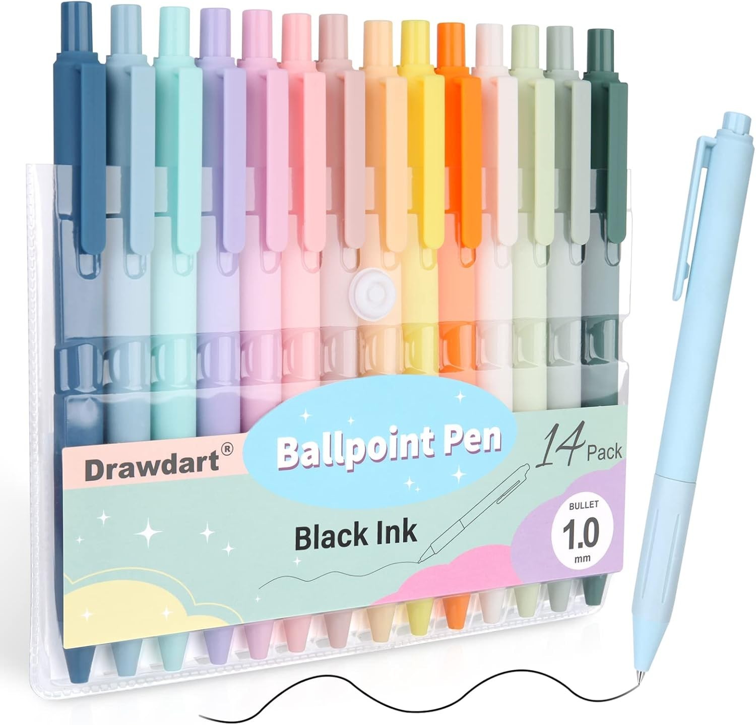 14 Retractable Pastel Ballpoint Pens with Medium Black Ink – Ideal for All Ages
