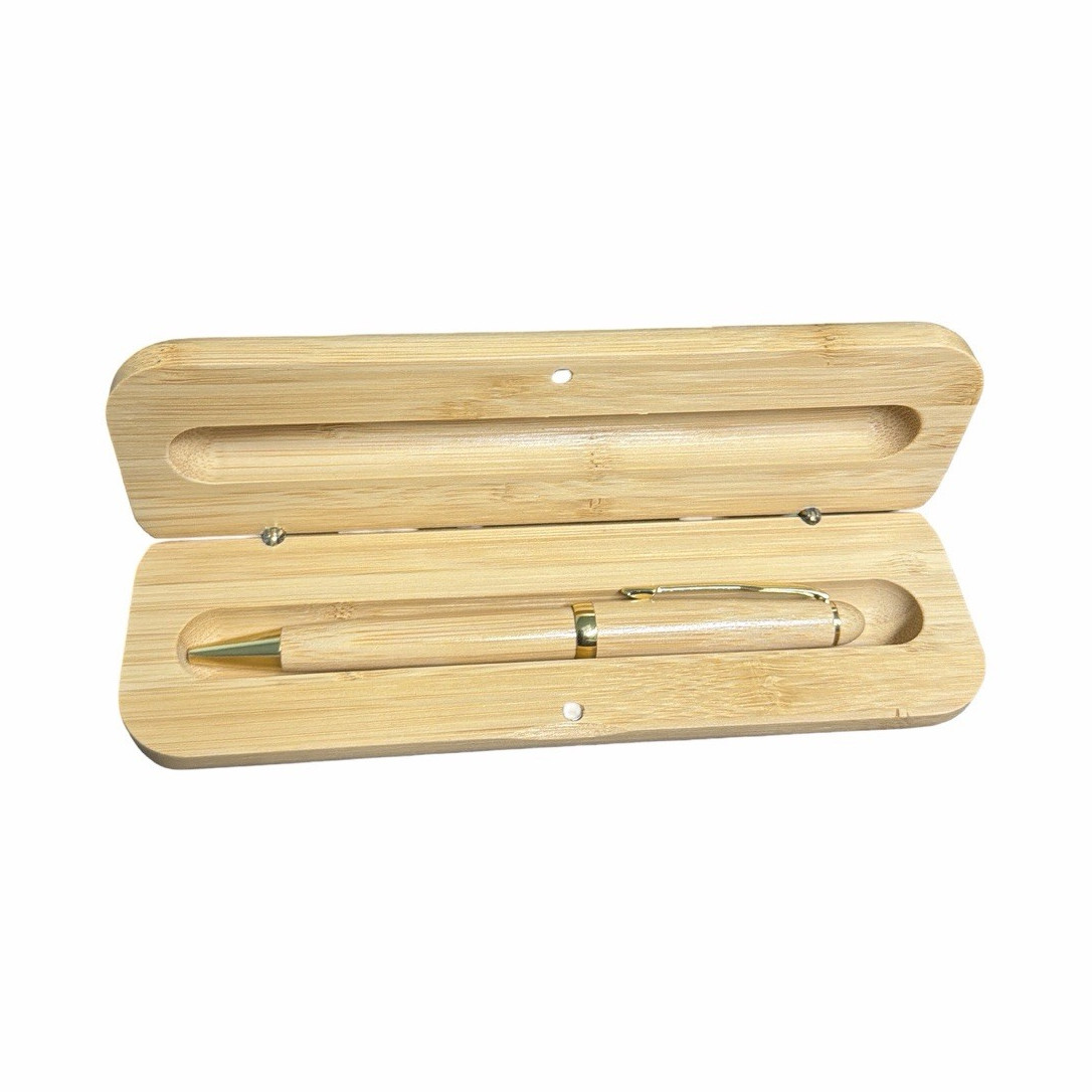 Wood Ballpoint Pen Brown Ink Gold Trim with Wooden Pen Case Gift Set