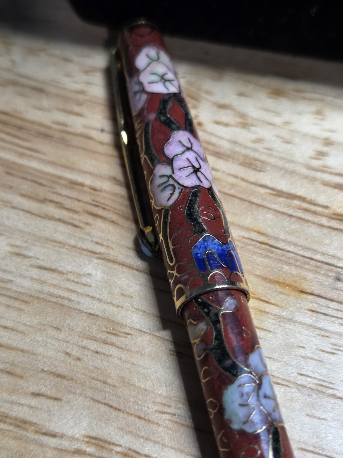 Vintage Late 20th Century Chinese Cloisonne’ Ballpoint Pen Original Brocade Box