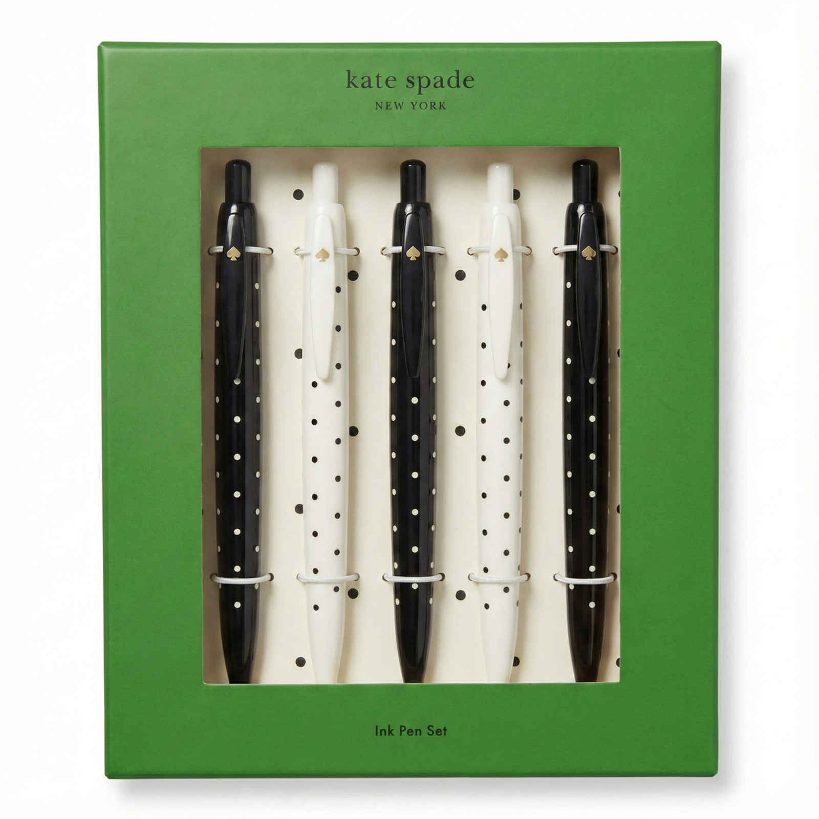 Kate Spade New York 5 Black Ink Pen Set – Polka Dot Retractable (New in Box)