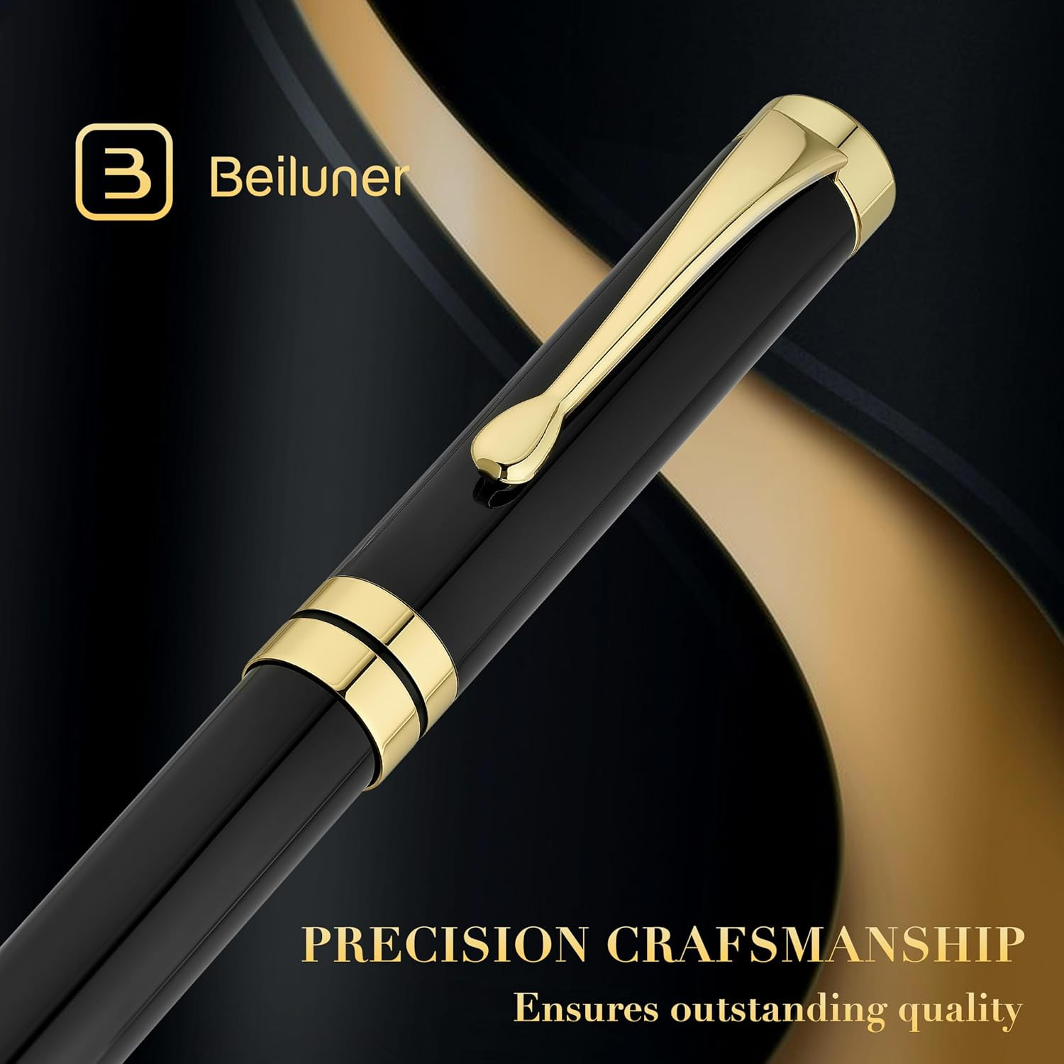 BEILUNER Ballpoint Pens, Stunning Black Chrome Metal Pen with Golden Trim, Best