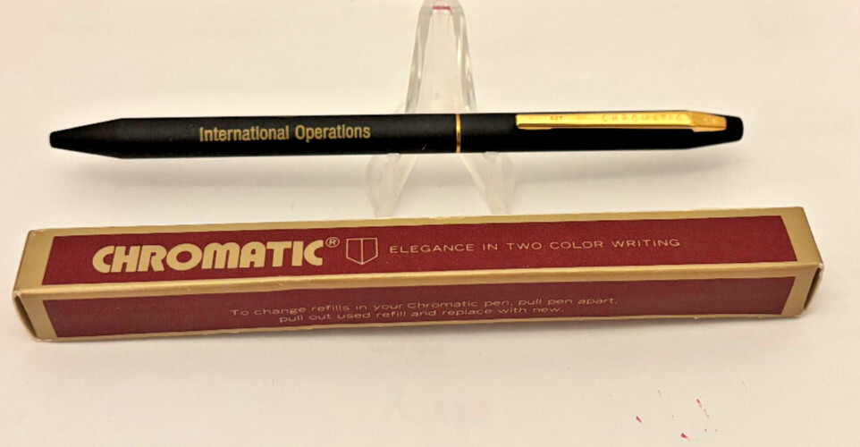 NOS VTG CHROMATIC 2-Color Ballpoint Pen (Red/Blue), Black Matte Barrel Gold Trim