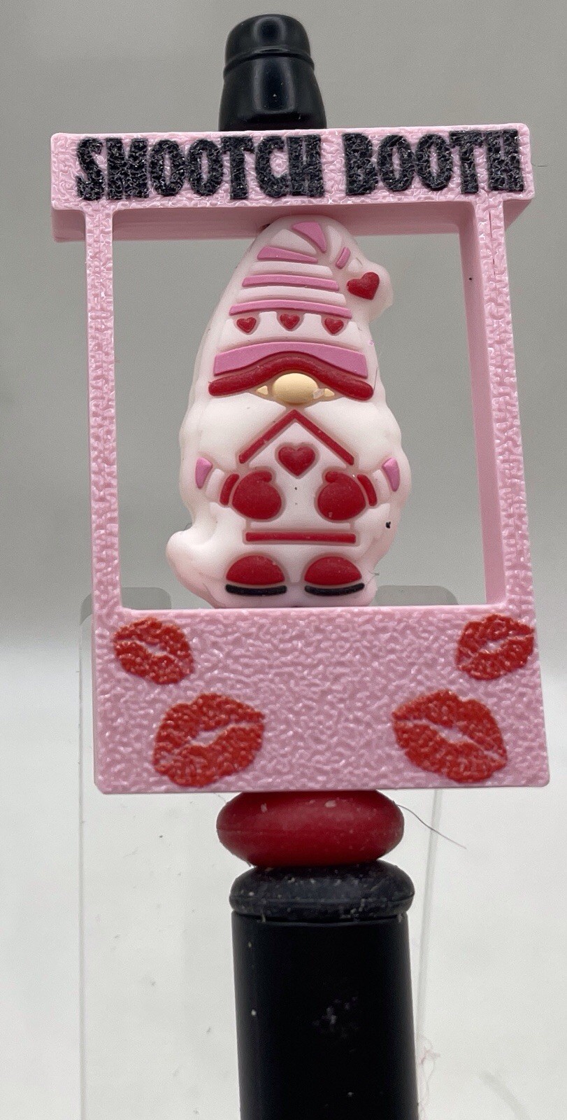 Beaded Pen,valentines.”smooch Both” With Valentine Gnome With Red Bead,black Pen
