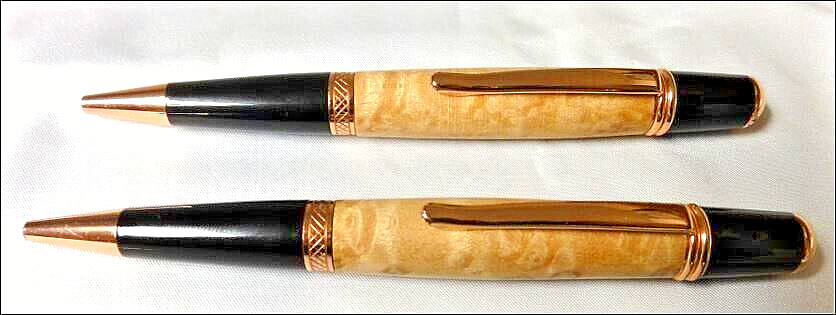 Elegant custom made Burl wood w/copper trim Ballpoint Blue and Black Ink Pen Set