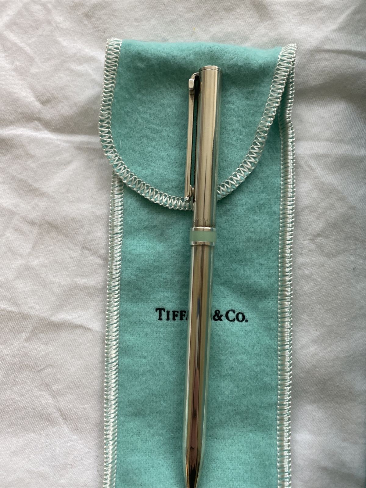 Tiffany & Co. Sterling Silver T-Clip Ballpoint Pen with Blue Enamel Detail. DS