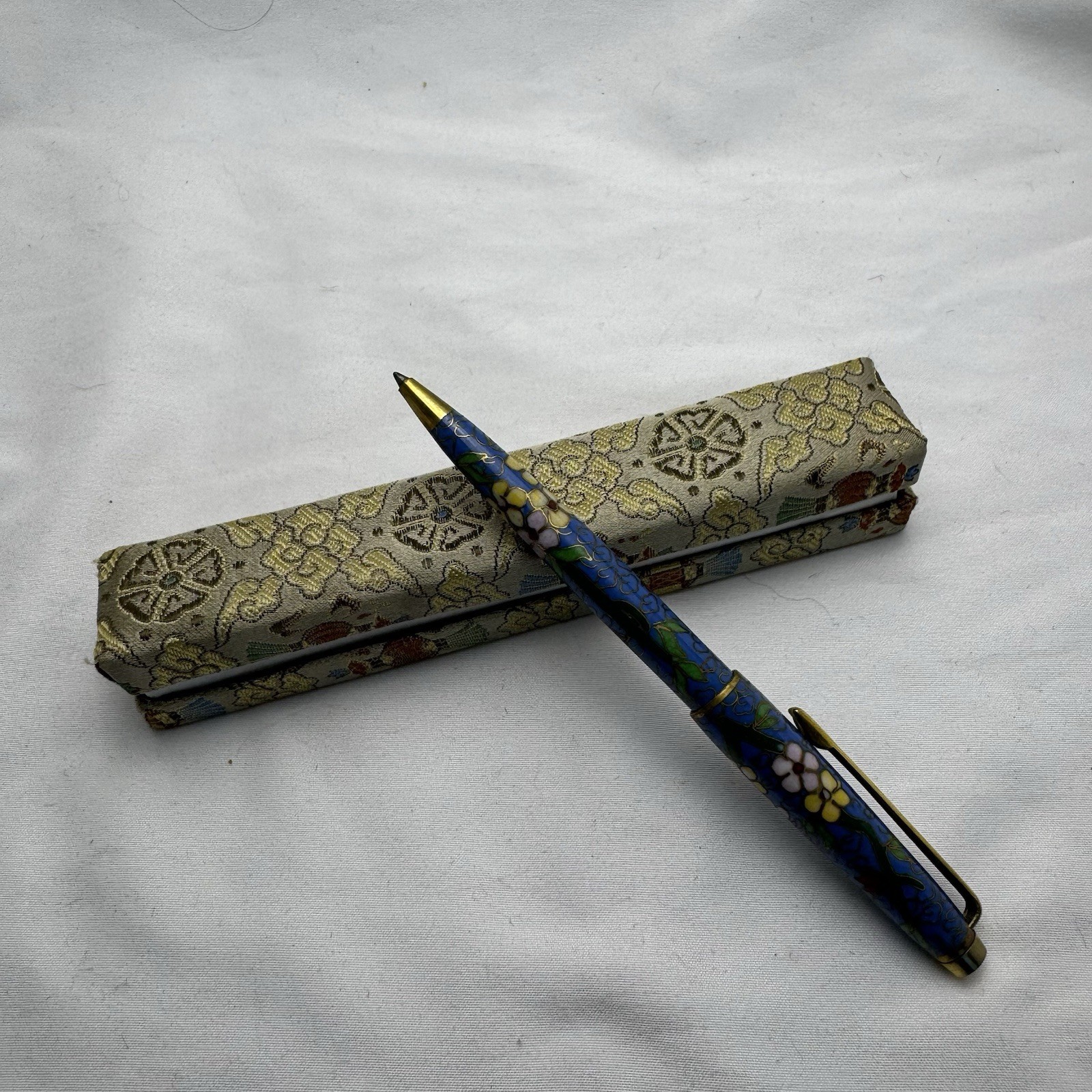 Vintage Cloisonné Enamel Japanese ballpoint Original Box Floral Pattern Blue Ink