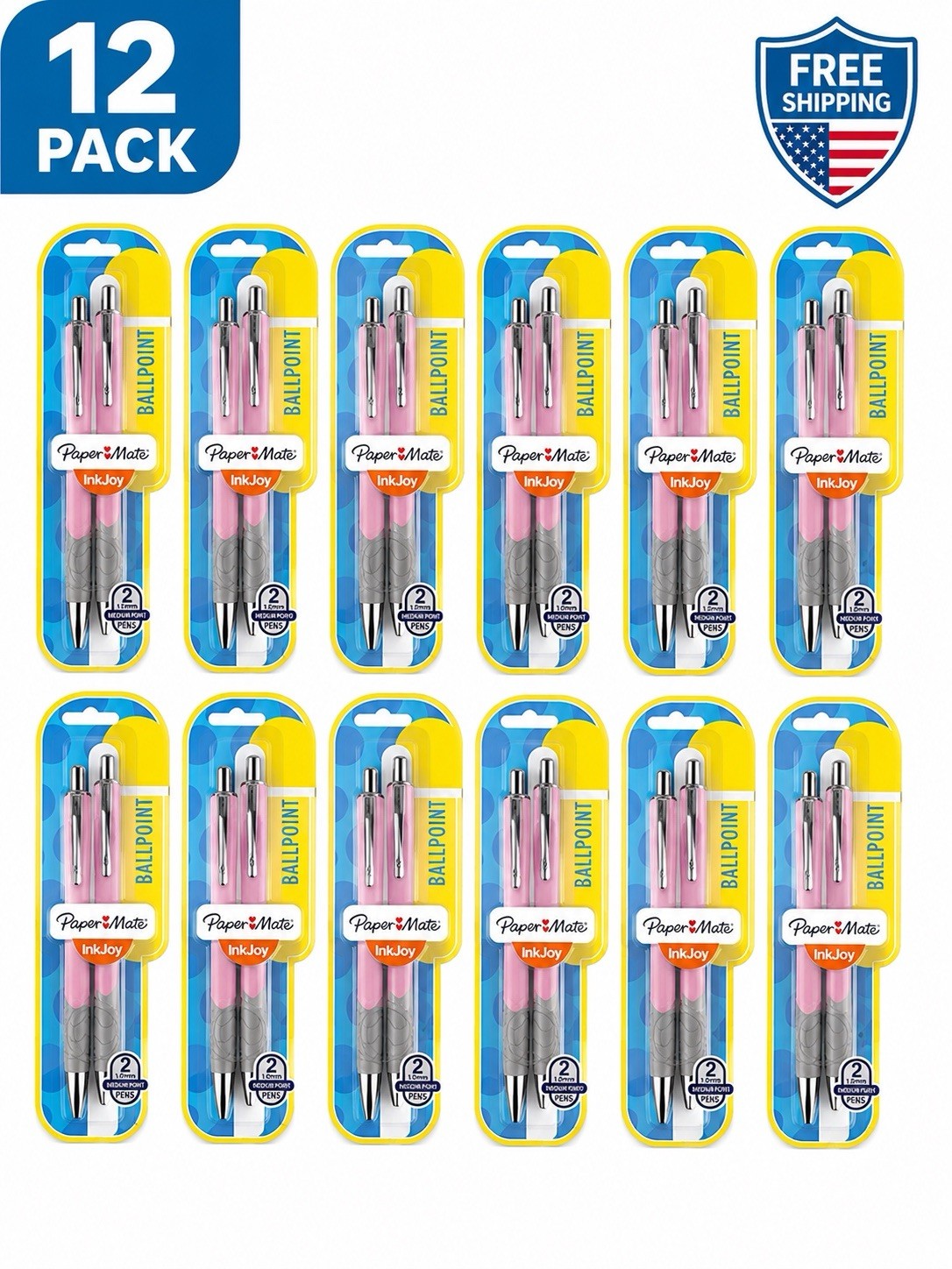 Paper Mate InkJoy Ballpoint Pens Medium Point Comfort Grip Pink 12 Packs