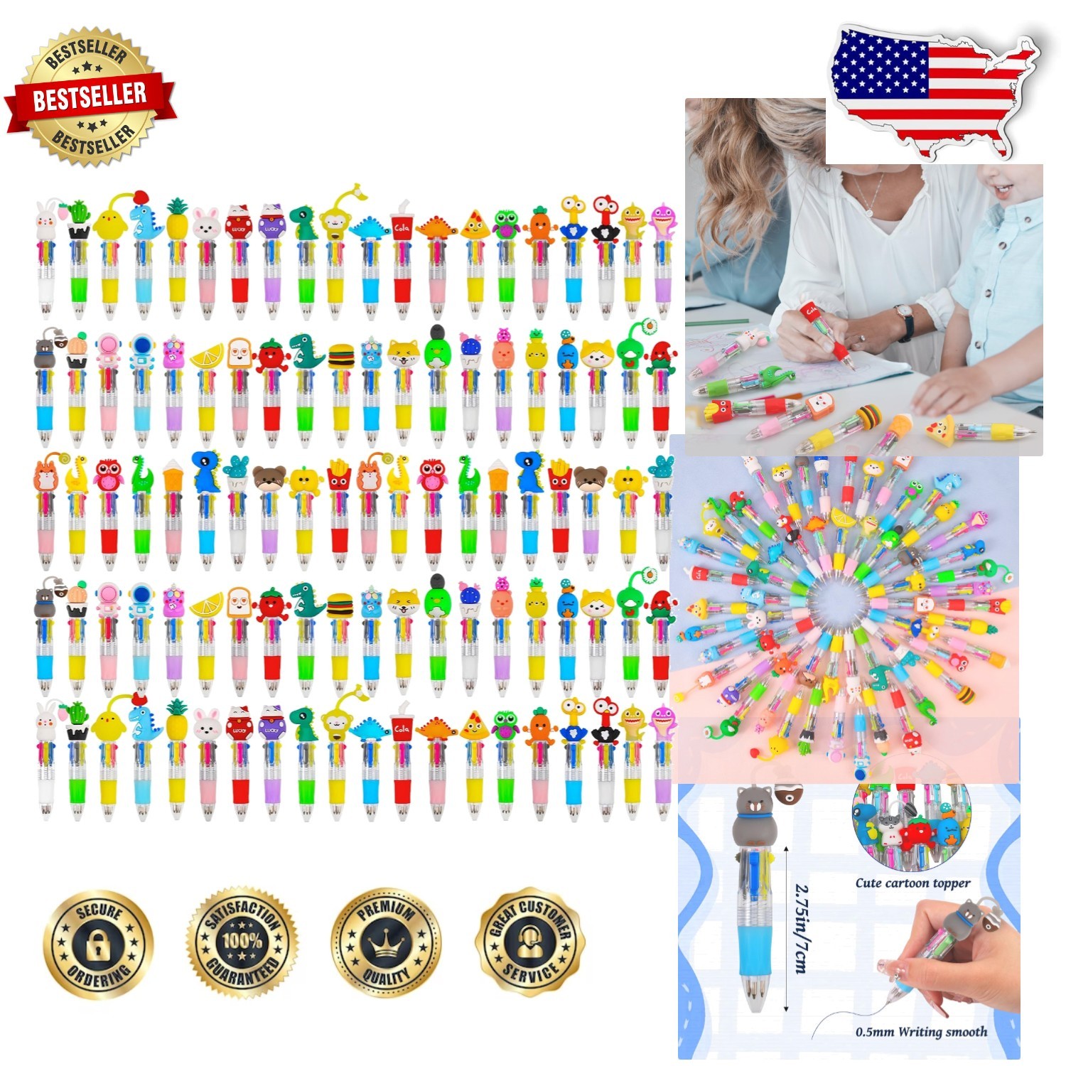 Cute 100pc 4-in-1 Ballpoint Pens Multicolor Quick Dry Ergonomic Grip Kids