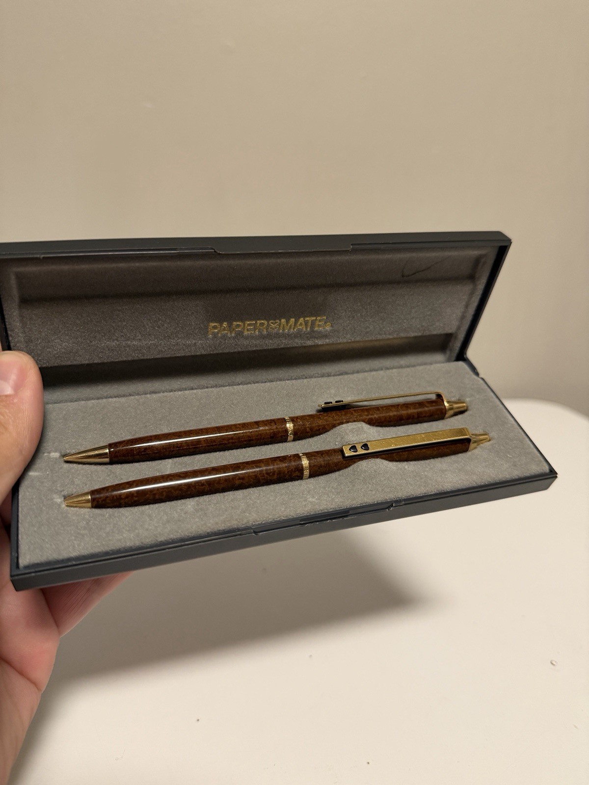 Paper Mate 518 Gold Set Vintage 1983 Pen and Mechanical Pencil Brown Marbled USA