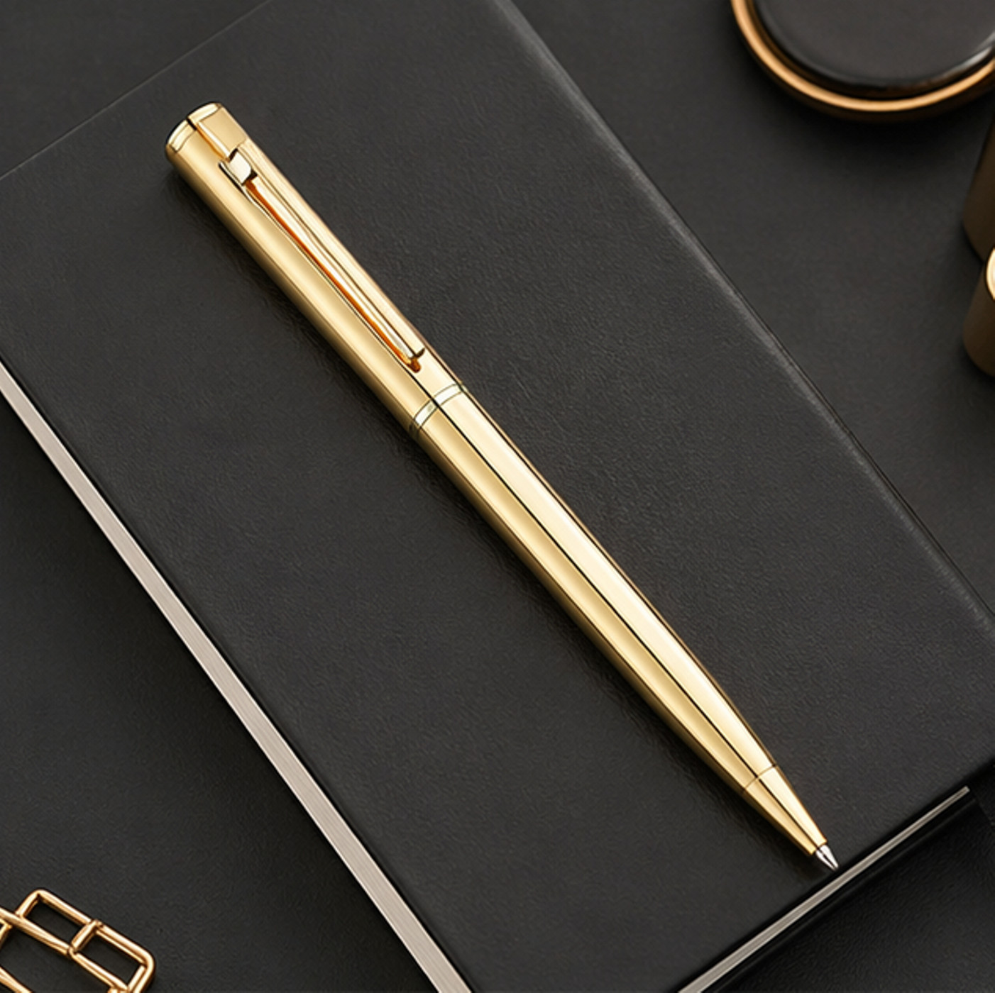 Luxury 18k Gold Slim Ballpoint Pen, Black Ink, Metal Executive Writing Tool
