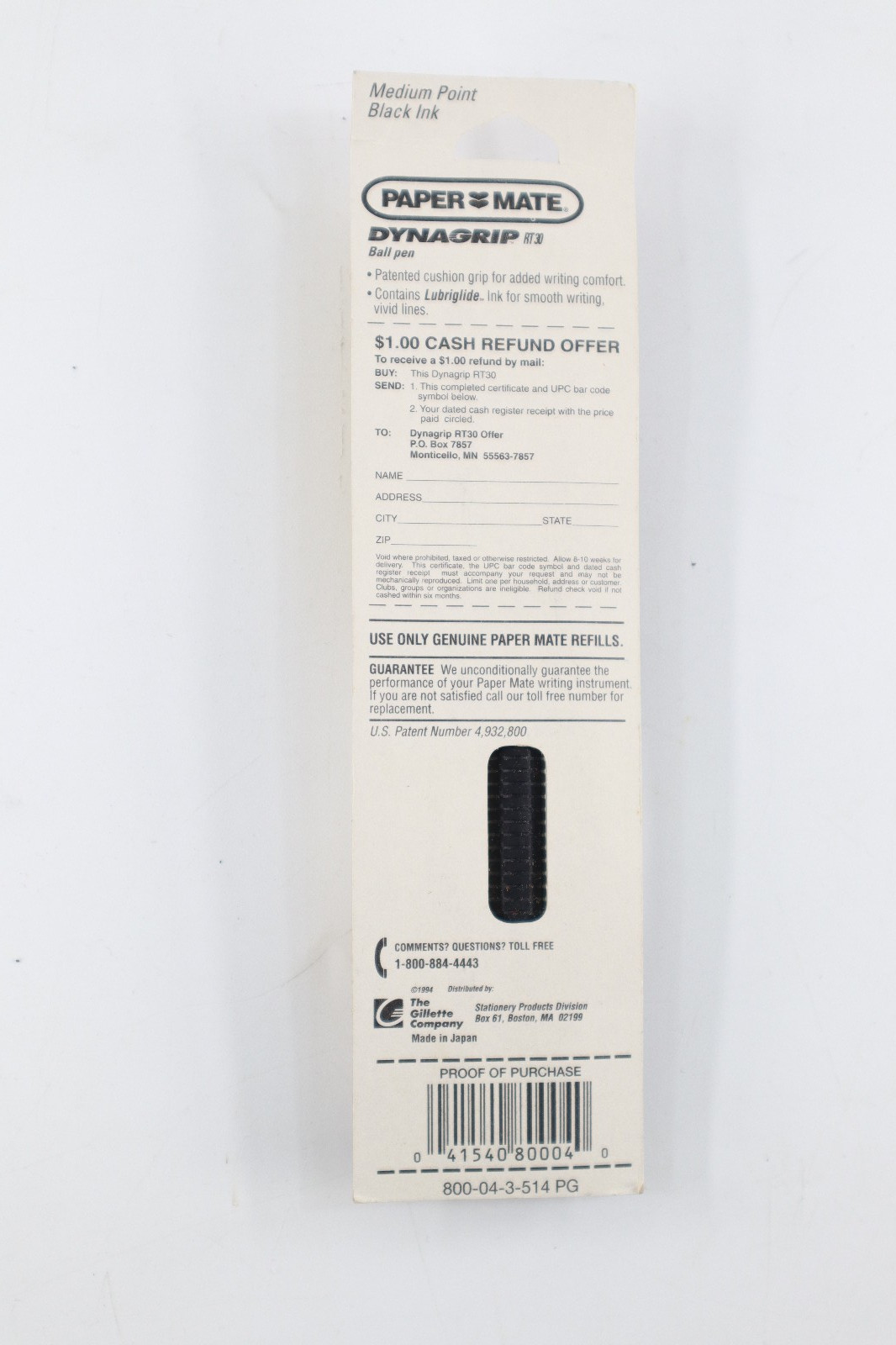 Paper Mate DYNAGRIP RT30 Ballpoint Gray Pen Black Ink Med Point 1994